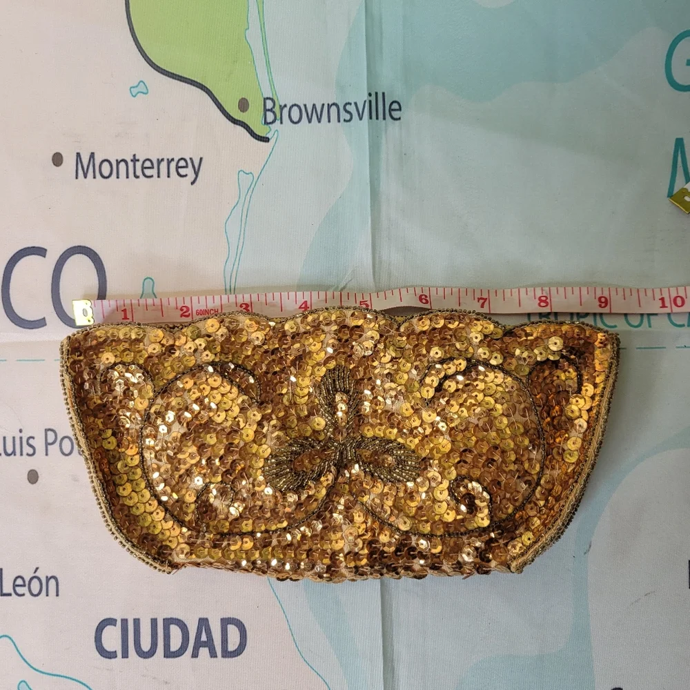 Vintage 1950s Gold Sequin Clutch Bag Purse - Picture 9 of 12
